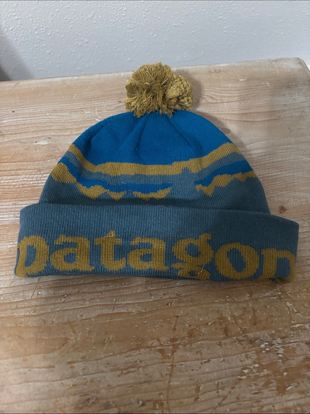 Patagonia Teal & Mustard Pom Cuffed Beanie